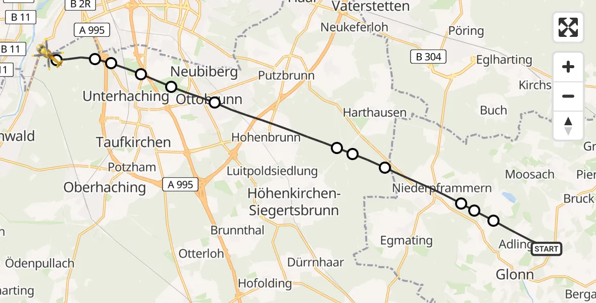 Flugroute Rettungshubschrauber Glonn - ADAC Air Rescue Center Hubschrauberlandeplatz (Christoph 1), 12 Mai 2026, 08:07