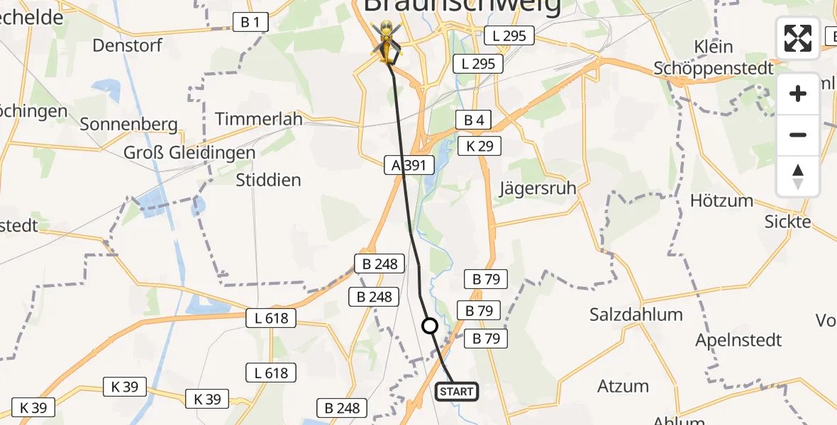 Flugroute Rettungshubschrauber Wolfenbüttel - Braunschweig, 12 Mai 2026, 08:10