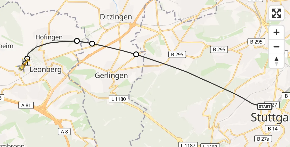 Flugroute Rettungshubschrauber Stuttgart - Leonberg Hospital, 12 Mai 2026, 08:12