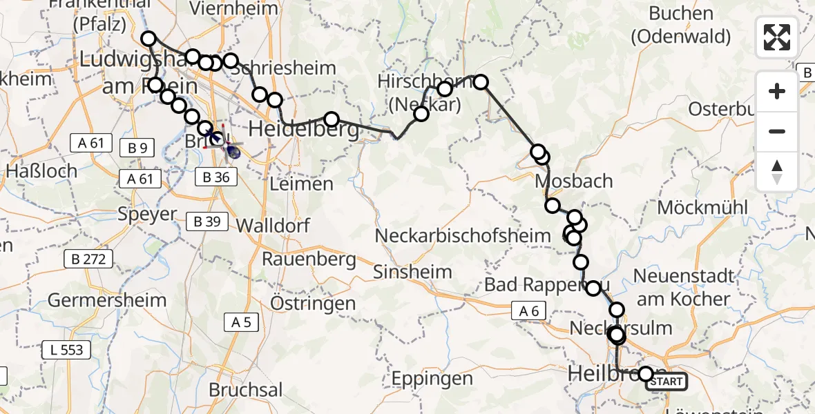 Flugroute Polizeihubschrauber Weinsberg - Schwetzingen, 12 Mai 2026, 08:17