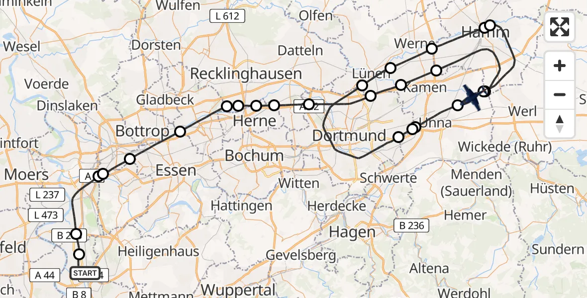 Flugroute Polizeiflugzeug Düsseldorf Flughafen - Bönen, 12 Mai 2026, 08:19