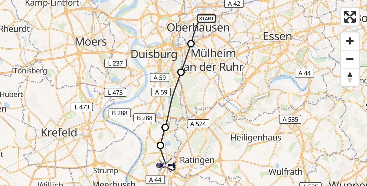 Flugroute Polizeihubschrauber Oberhausen - Düsseldorf Flughafen, 12 Mai 2026, 08:20