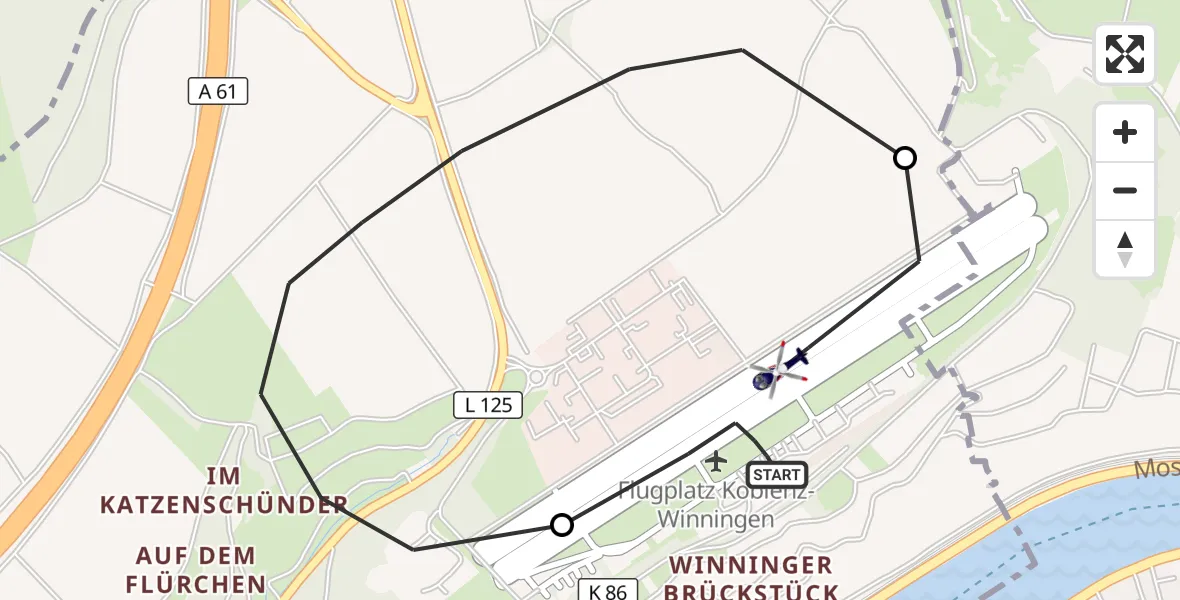 Flugroute Polizeihubschrauber Koblenz-Winningen Flugplatz - Koblenz-Winningen Flugplatz, 12 Mai 2026, 08:23