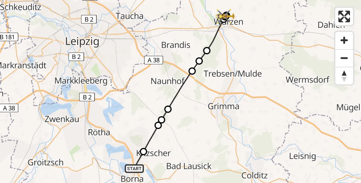 Flugroute Rettungshubschrauber Borna - Wurzen Hospital, 12 Mai 2026, 08:26