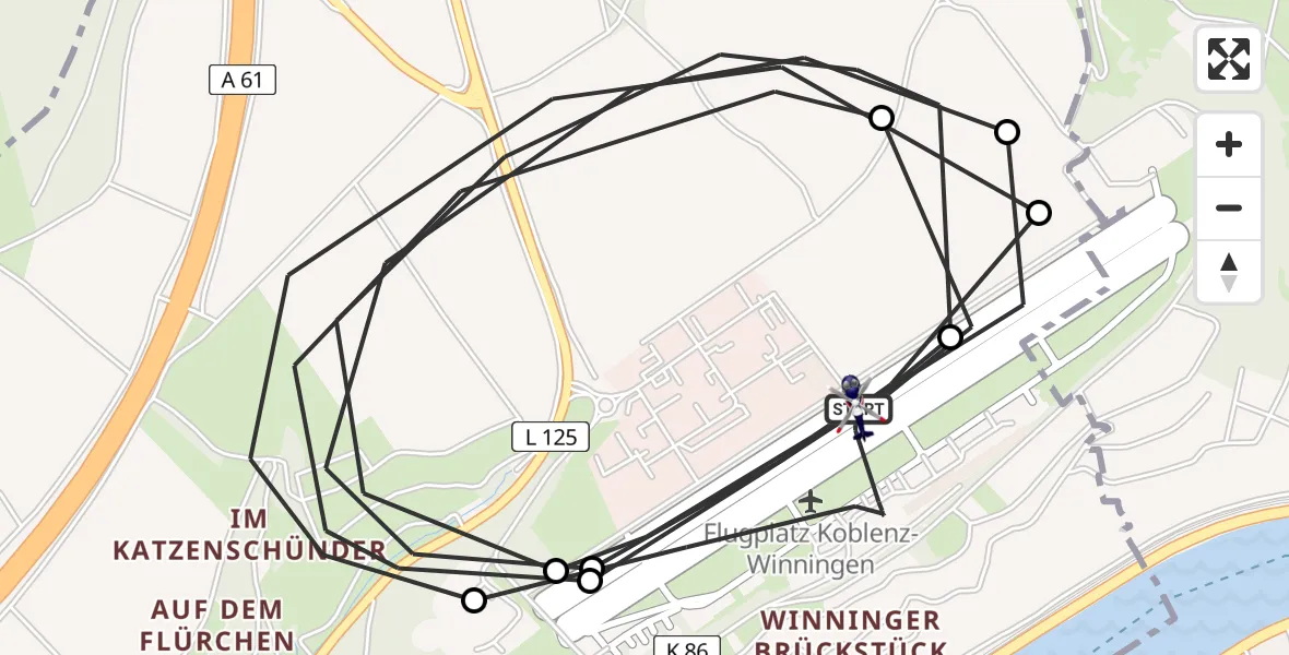 Flugroute Polizeihubschrauber Koblenz-Winningen Flugplatz - Koblenz-Winningen Flugplatz, 12 Mai 2026, 08:34