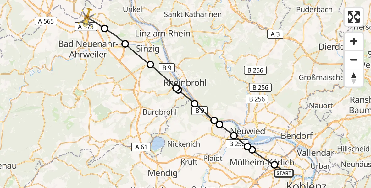 Flugroute Rettungshubschrauber Koblenz - Grafschaft, 12 Mai 2026, 08:35