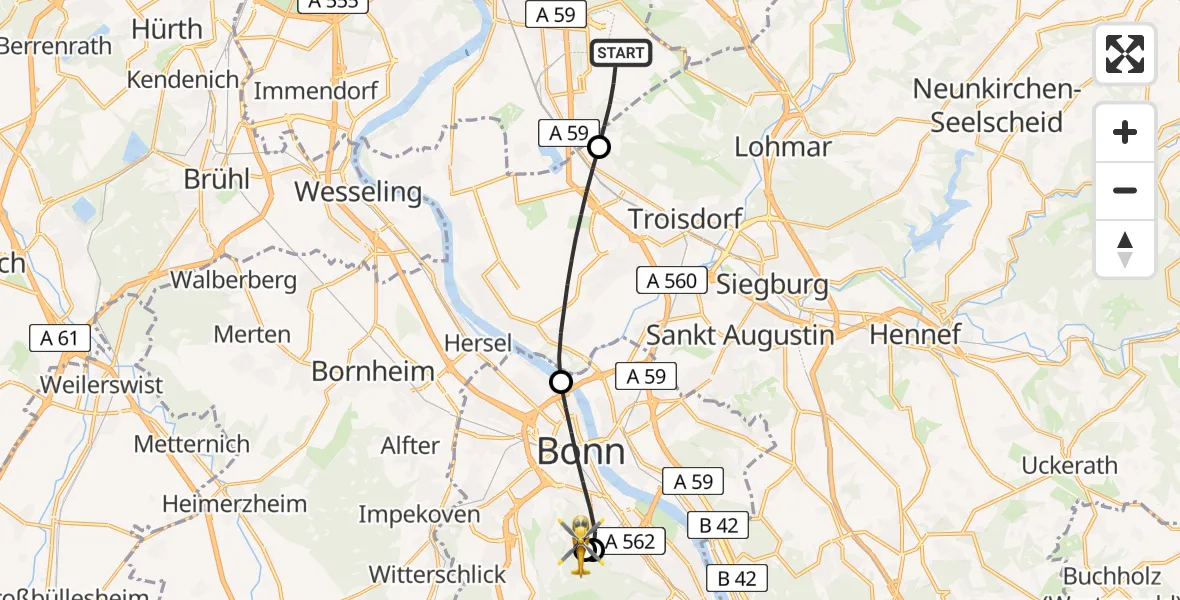 Flugroute Rettungshubschrauber Köln Bonn Flughafen - Bonn University Hospital, 12 Mai 2026, 08:35