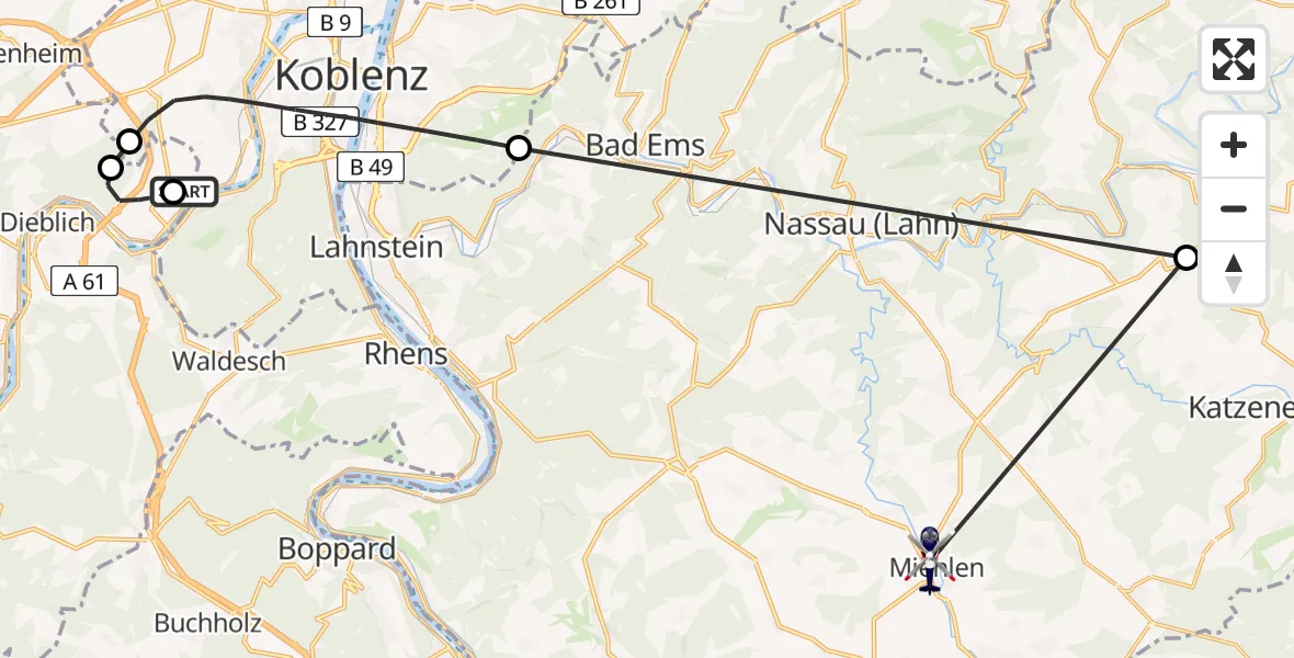 Flugroute Polizeihubschrauber Koblenz-Winningen Flugplatz - Miehlen, 12 Mai 2026, 08:38