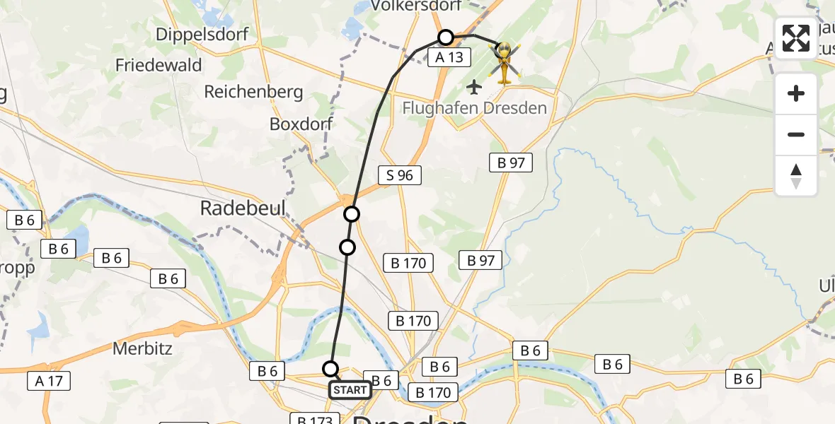 Flugroute Rettungshubschrauber Dresden Friedrichstadt Hospital - Dresden Bundespolizei Hubschrauberlandeplatz, 12 Mai 2026, 08:40