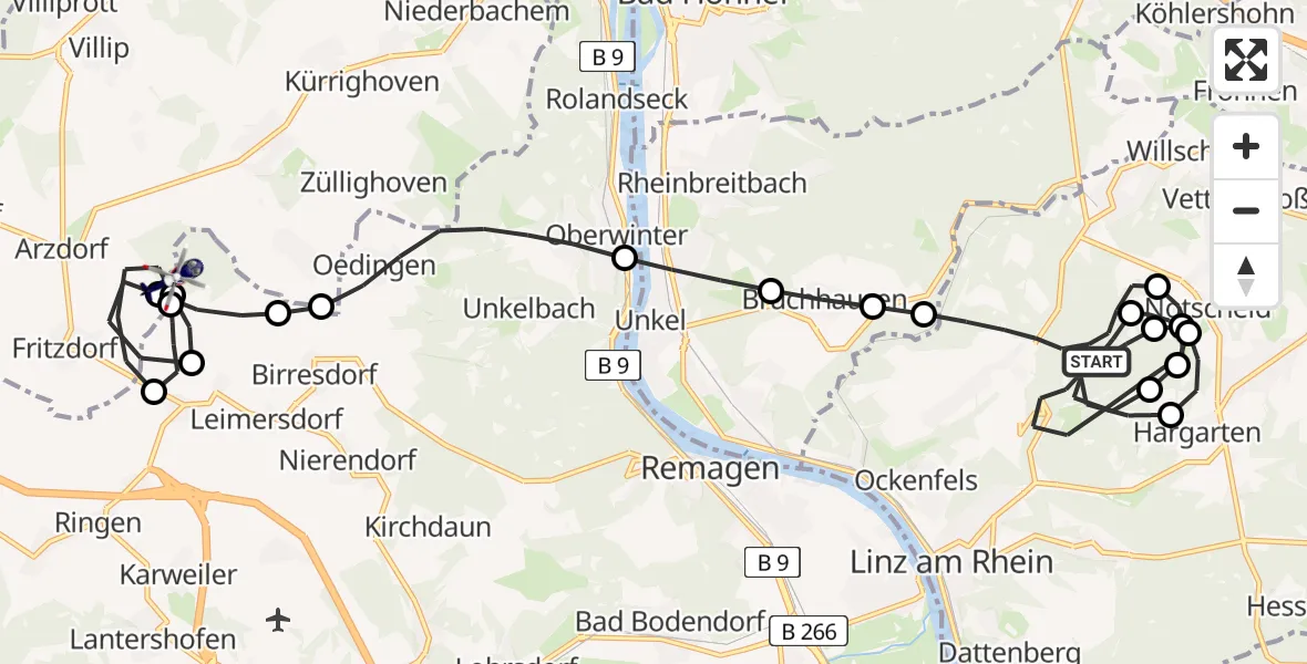 Flugroute Polizeihubschrauber Linz am Rhein - Wachtberg, 12 Mai 2026, 08:42