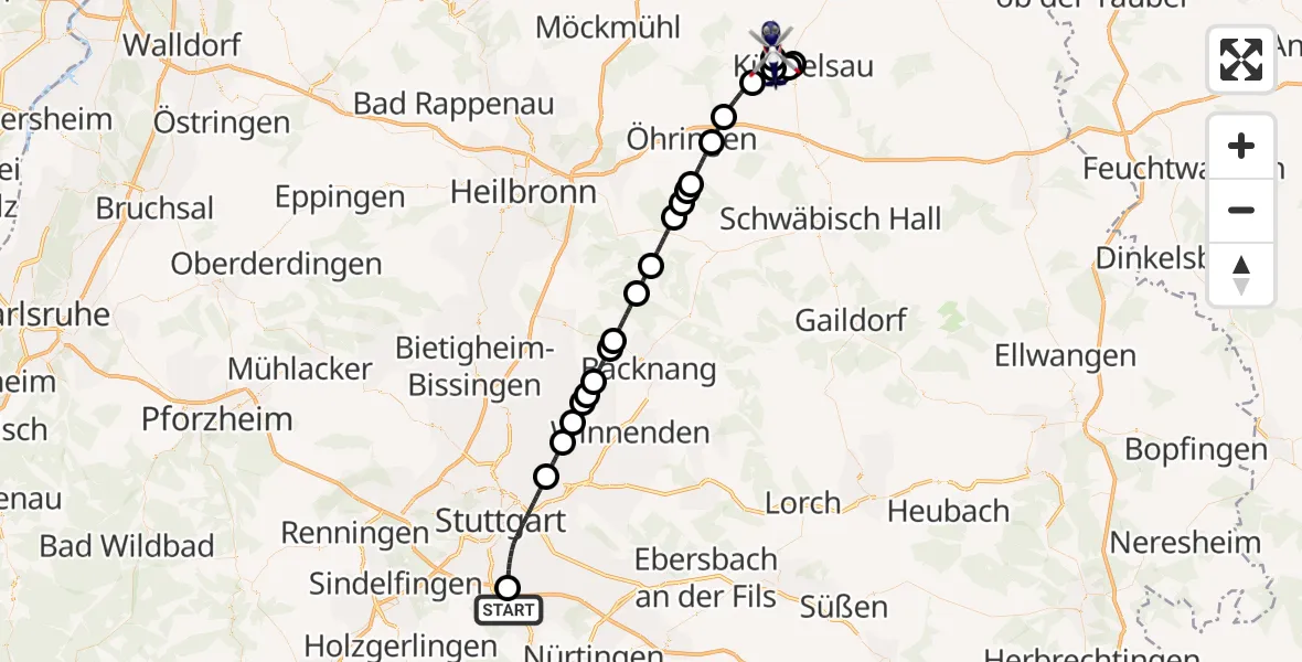 Flugroute Polizeihubschrauber Flughafen Stuttgart - Ingelfingen, 12 Mai 2026, 08:43
