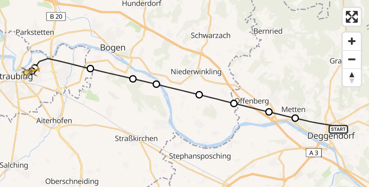 Flugroute Rettungshubschrauber Deggendorf - Sankt Elisabeth Hospital Straubing, 12 Mai 2026, 08:45