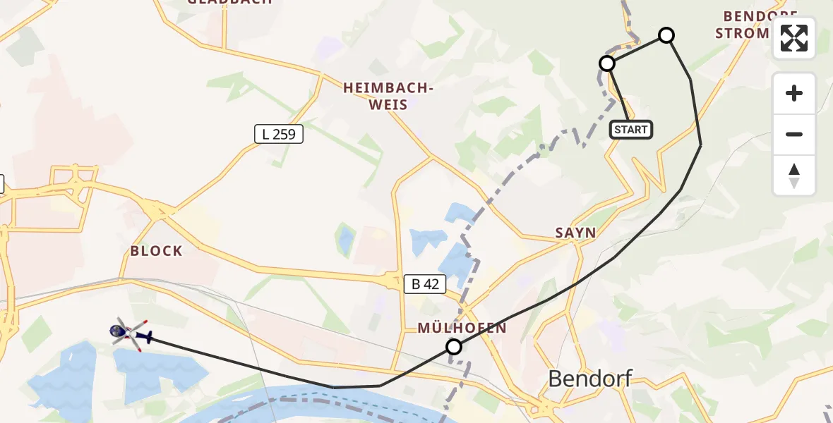 Flugroute Polizeihubschrauber Bendorf - Neuwied, 12 Mai 2026, 08:51
