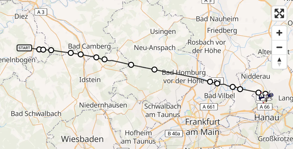 Flugroute Polizeihubschrauber Hahnstätten - Bruchköbel, 12 Mai 2026, 08:51