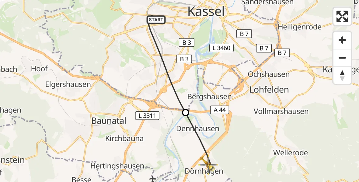 Flugroute Rettungshubschrauber Kassel - Fuldabrück, 12 Mai 2026, 08:56