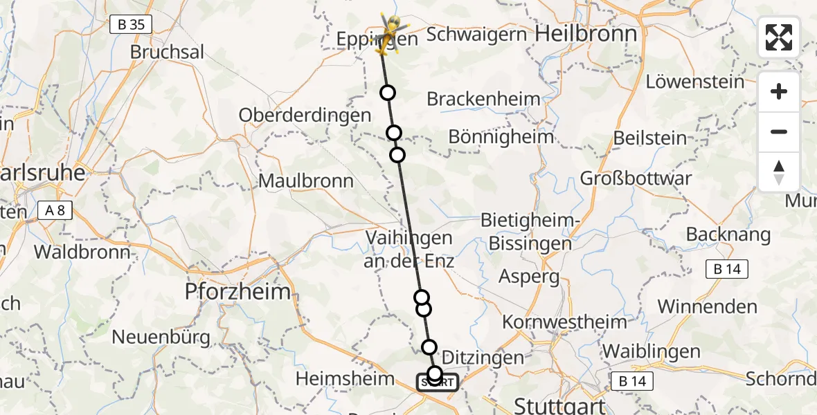 Flugroute Rettungshubschrauber Leonberg Hospital - Eppingen, 12 Mai 2026, 08:58