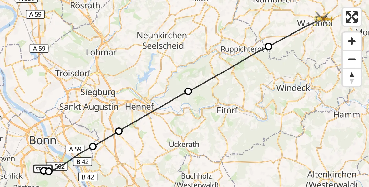 Flugroute Rettungshubschrauber Bonn University Hospital - Waldbröl, 12 Mai 2026, 09:01