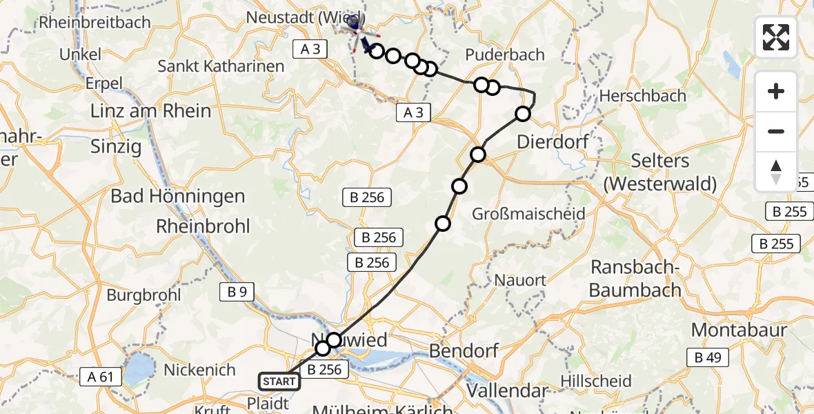 Flugroute Polizeihubschrauber Andernach - Peterslahr, 12 Mai 2026, 09:03
