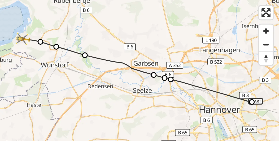 Flugroute Rettungshubschrauber Hannover Luftrettung Hubschrauberlandeplatz (Christoph 4) - Wunstorf, 12 Mai 2026, 09:03