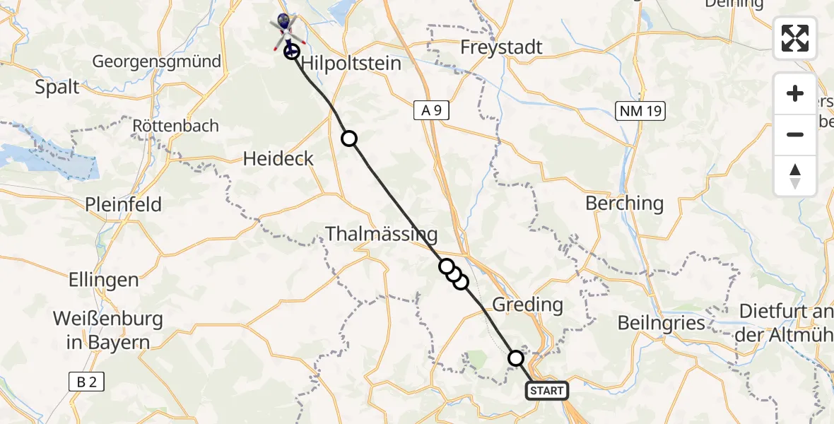 Flugroute Polizeihubschrauber Kinding - Roth, 12 Mai 2026, 09:04