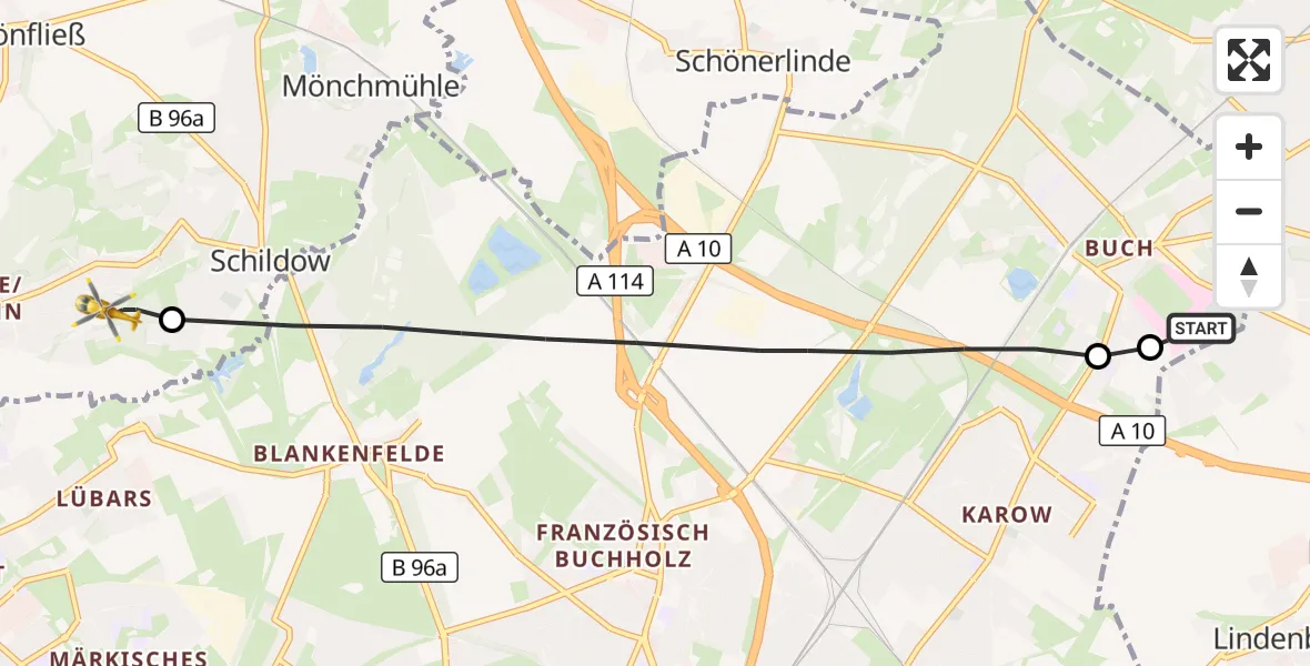 Flugroute Rettungshubschrauber Helios Clinic Berlin-Buch - Mühlenbecker Land, 12 Mai 2026, 09:05