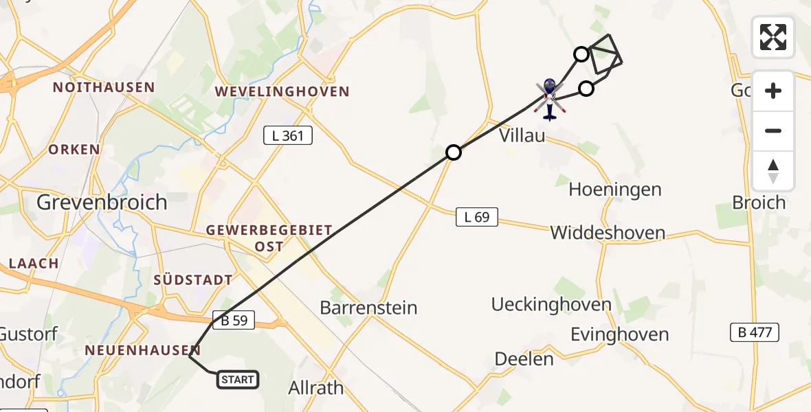 Flugroute Polizeihubschrauber Grevenbroich - Rommerskirchen, 12 Mai 2026, 09:08