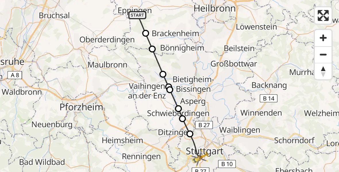 Flugroute Rettungshubschrauber Eppingen - Stuttgart, 12 Mai 2026, 09:28