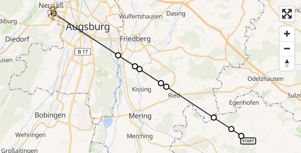 Flugroute Rettungshubschrauber Egenhofen - Augsburg University Hospital, 12 Mai 2026, 09:28