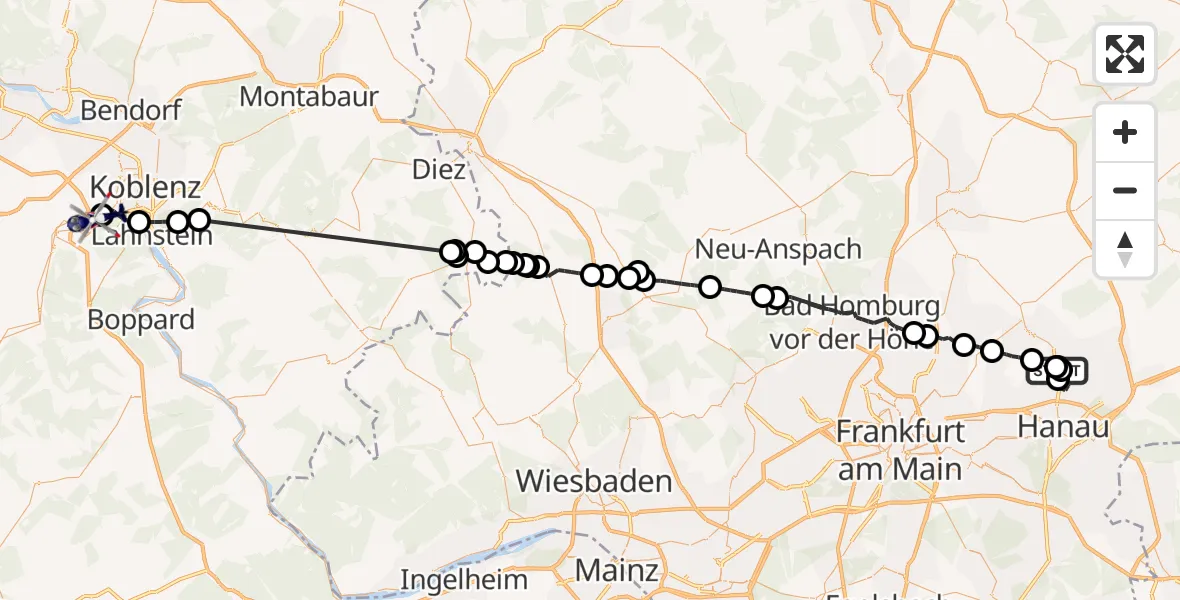 Flugroute Polizeihubschrauber Hanau - Koblenz-Winningen Flugplatz, 12 Mai 2026, 09:28
