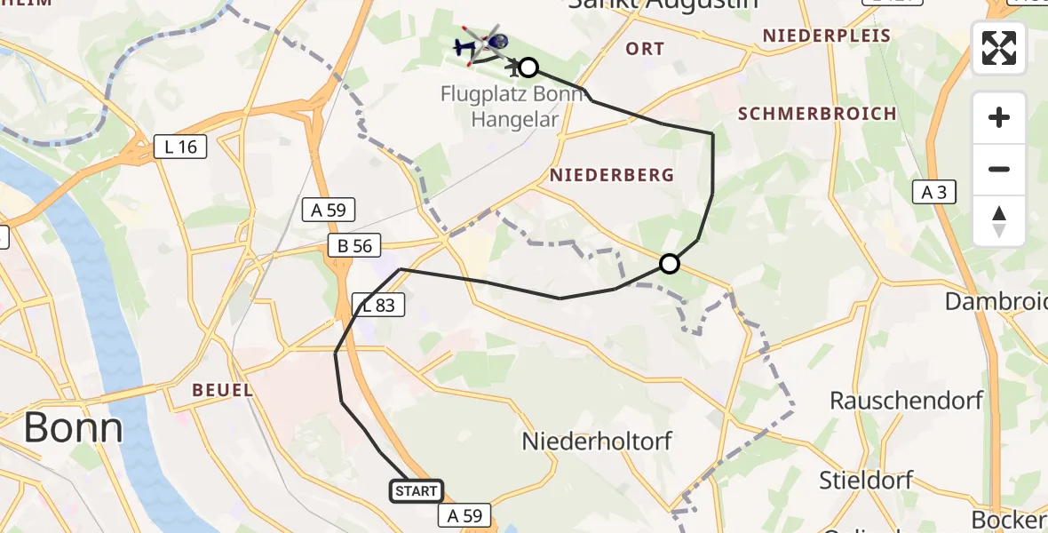 Flugroute Polizeihubschrauber Bonn - Bonn-Hangelar Flugplatz, 12 Mai 2026, 09:28