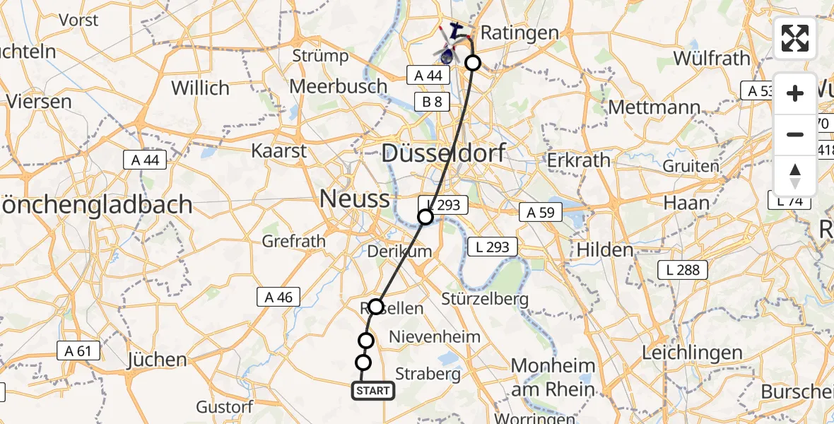 Flugroute Polizeihubschrauber Rommerskirchen - Düsseldorf Flughafen, 12 Mai 2026, 09:28