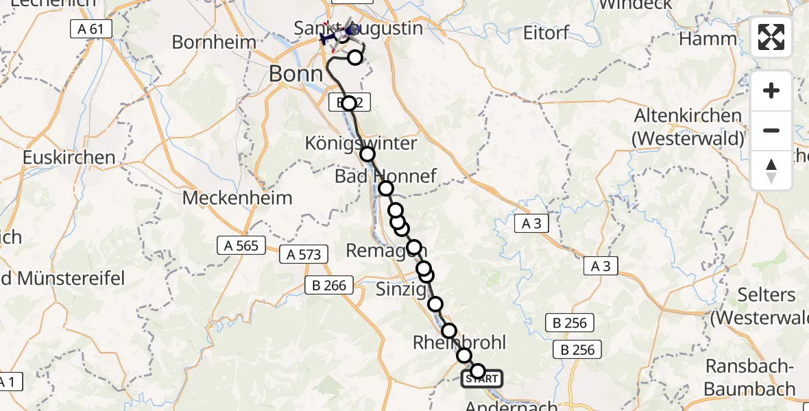 Flugroute Polizeihubschrauber Leutesdorf - Bonn-Hangelar Flugplatz, 12 Mai 2026, 09:28