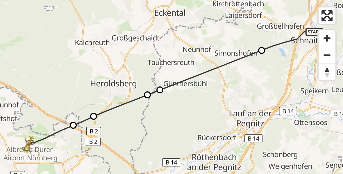 Flugroute Ambulanzhubschrauber Schnaittach - Flughafen Nuremberg, 12 Mai 2026, 09:28