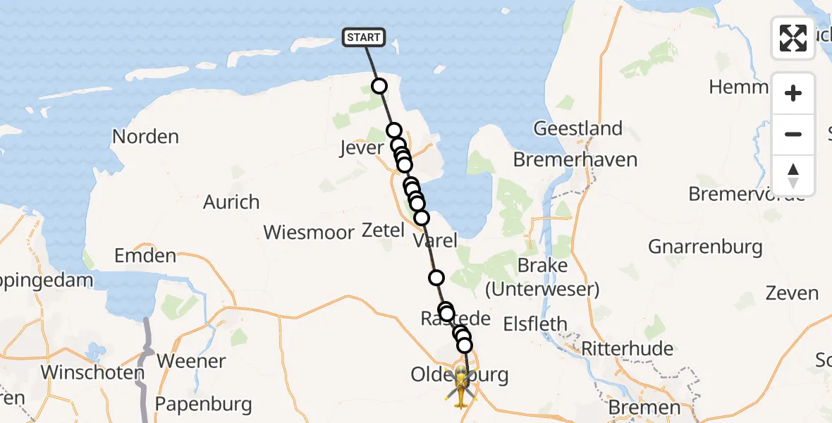 Flugroute Ambulanzhubschrauber Noordzee - Oldenburg (Oldb), 12 Mai 2026, 09:30