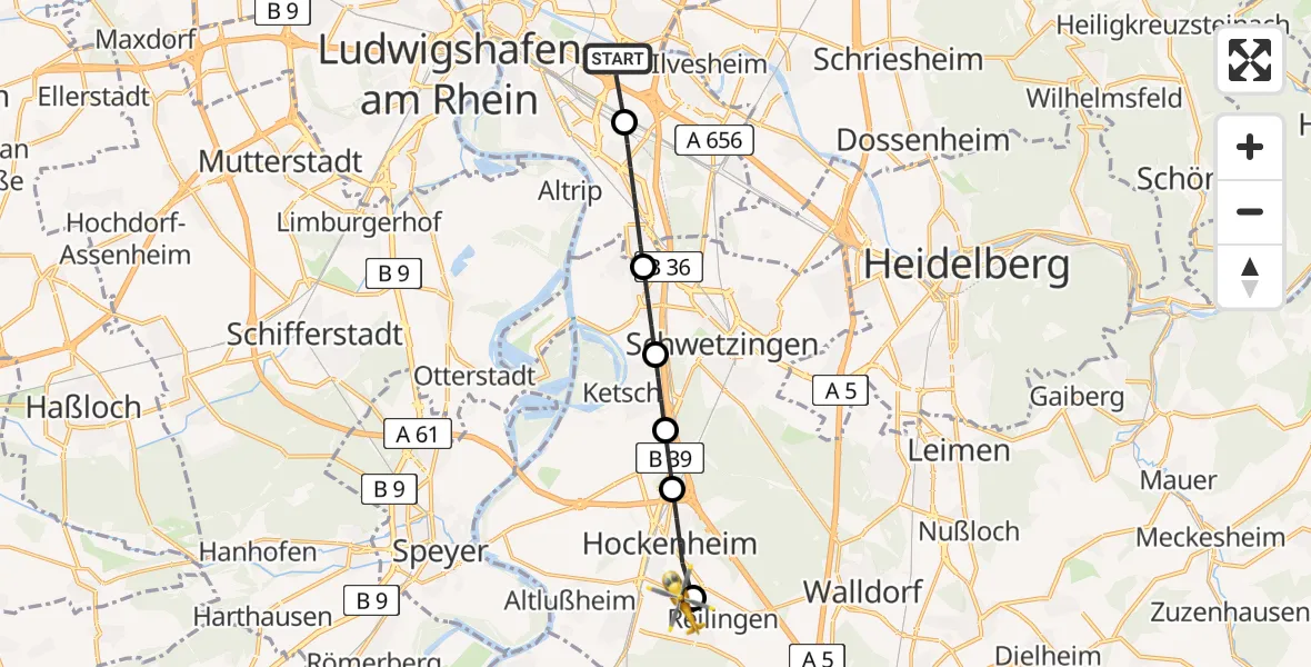 Flugroute Rettungshubschrauber Mannheim-City Flughafen - Reilingen, 12 Mai 2026, 09:33
