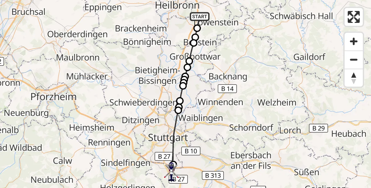 Flugroute Polizeihubschrauber Untergruppenbach - Flughafen Stuttgart, 12 Mai 2026, 09:35