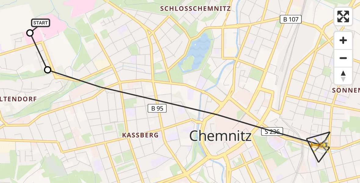 Flugroute Rettungshubschrauber Flemmingstraße Hospital Rooftop - Chemnitz, 12 Mai 2026, 09:36