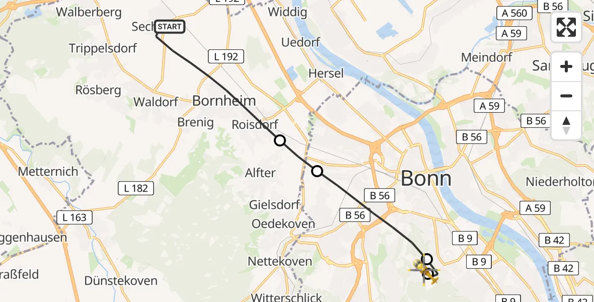 Flugroute Rettungshubschrauber Bornheim - Bonn University Hospital, 12 Mai 2026, 09:36