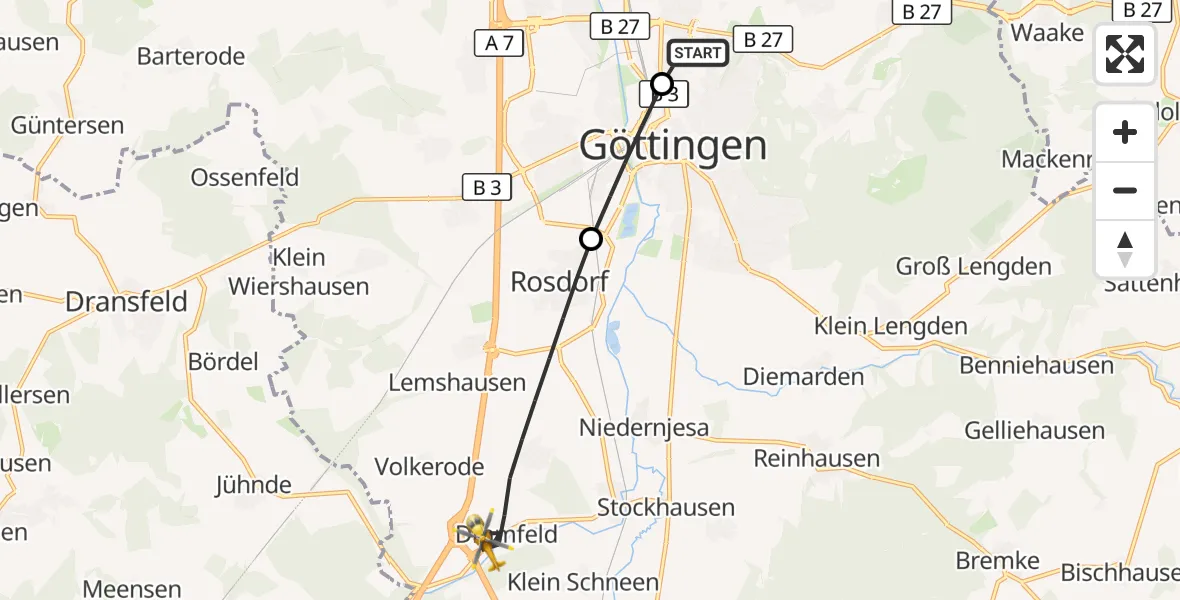 Flugroute Rettungshubschrauber Göttingen University Clinic Hubschrauberlandeplatz - Rosdorf, 12 Mai 2026, 09:41