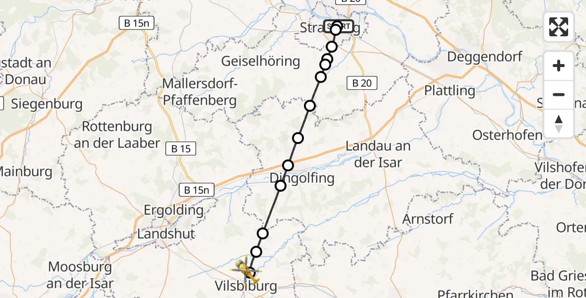 Flugroute Rettungshubschrauber Sankt Elisabeth Hospital Straubing - Vilsbiburg, 12 Mai 2026, 09:41