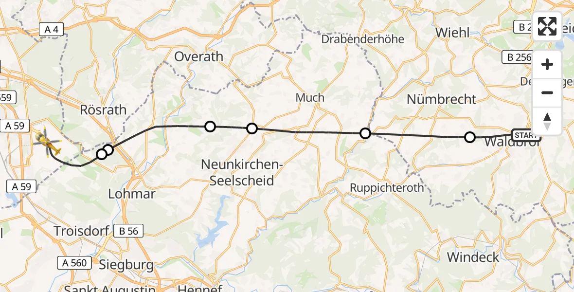 Flugroute Rettungshubschrauber Waldbröl - Köln Bonn Flughafen, 12 Mai 2026, 09:42