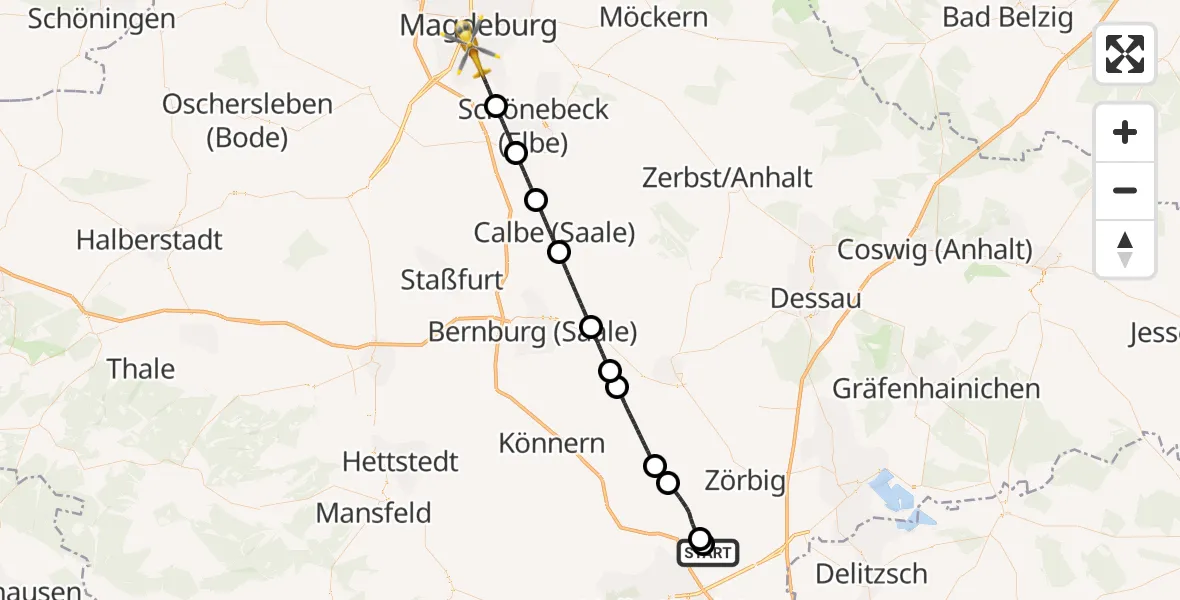Flugroute Rettungshubschrauber Halle-Oppin Flugplatz - Magdeburg, 12 Mai 2026, 09:49
