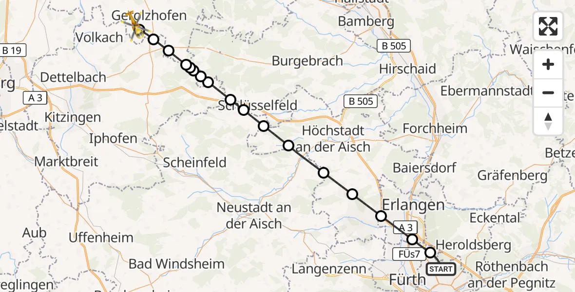 Flugroute Ambulanzhubschrauber Flughafen Nuremberg - Frankenwinheim, 12 Mai 2026, 09:50