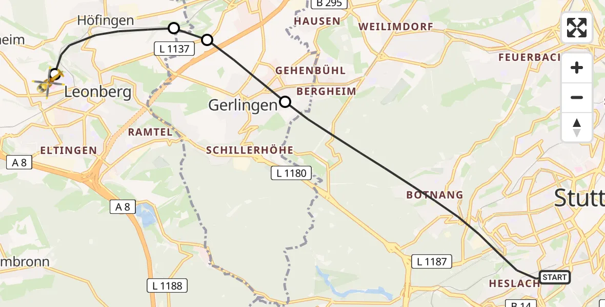 Flugroute Rettungshubschrauber Stuttgart - Leonberg Hospital, 12 Mai 2026, 09:51