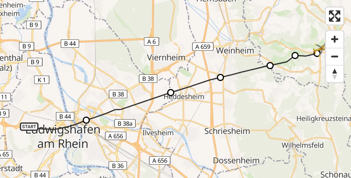 Flugroute Rettungshubschrauber Ludwigshafen am Rhein - Abtsteinach, 12 Mai 2026, 09:52