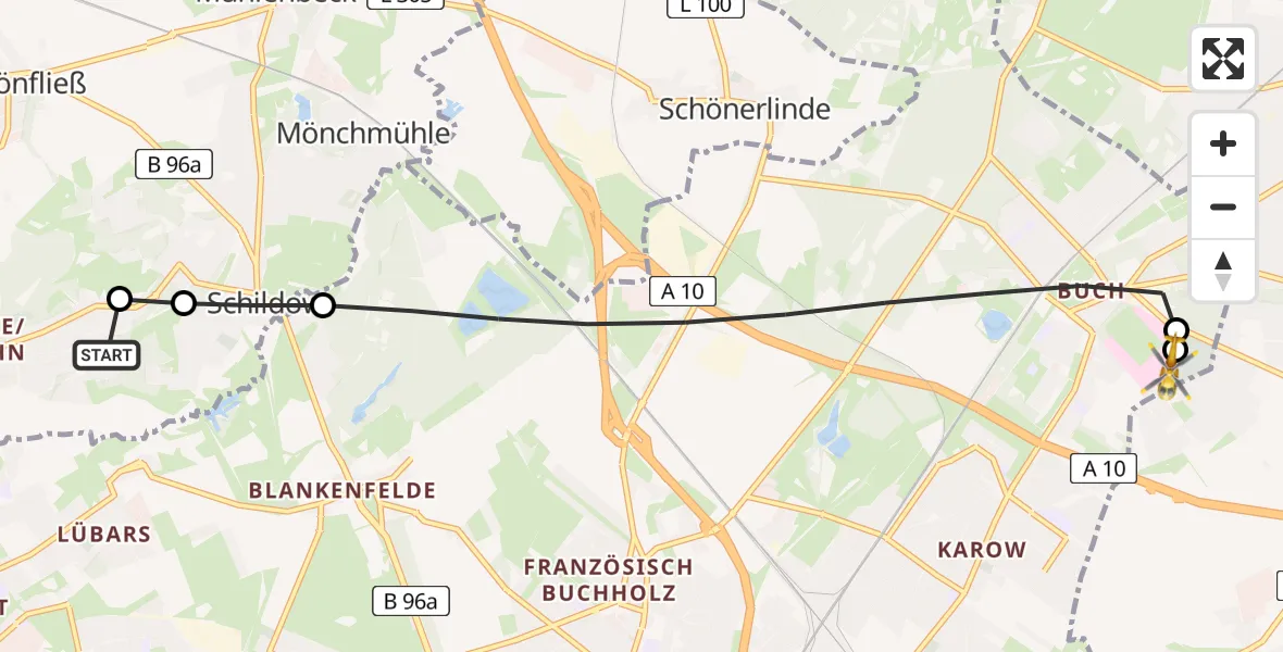 Flugroute Rettungshubschrauber Mühlenbecker Land - Helios Clinic Berlin-Buch, 12 Mai 2026, 09:53