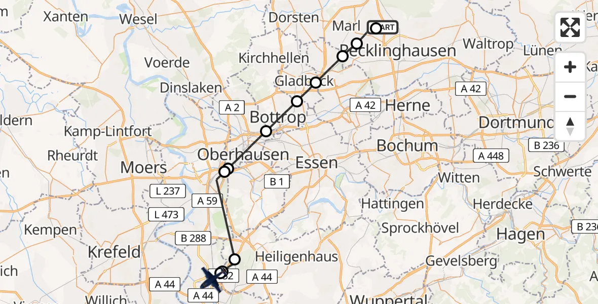 Flugroute Polizeiflugzeug Marl-Loemühle Flugplatz - Düsseldorf Flughafen, 12 Mai 2026, 09:59
