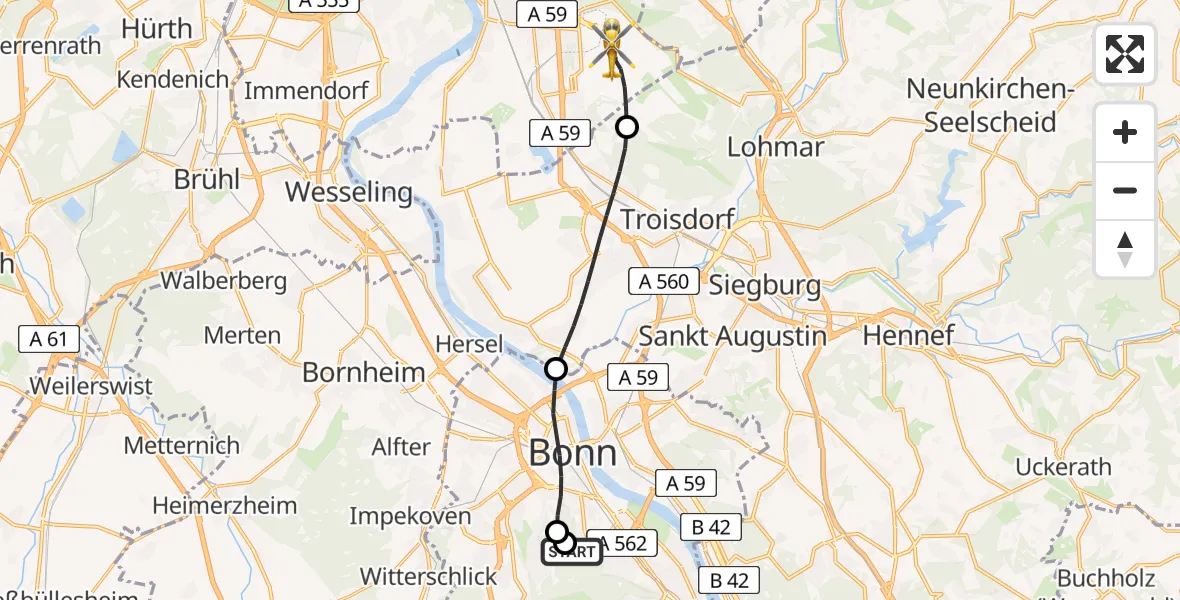 Flugroute Rettungshubschrauber Bonn University Hospital - Köln Bonn Flughafen, 12 Mai 2026, 10:00