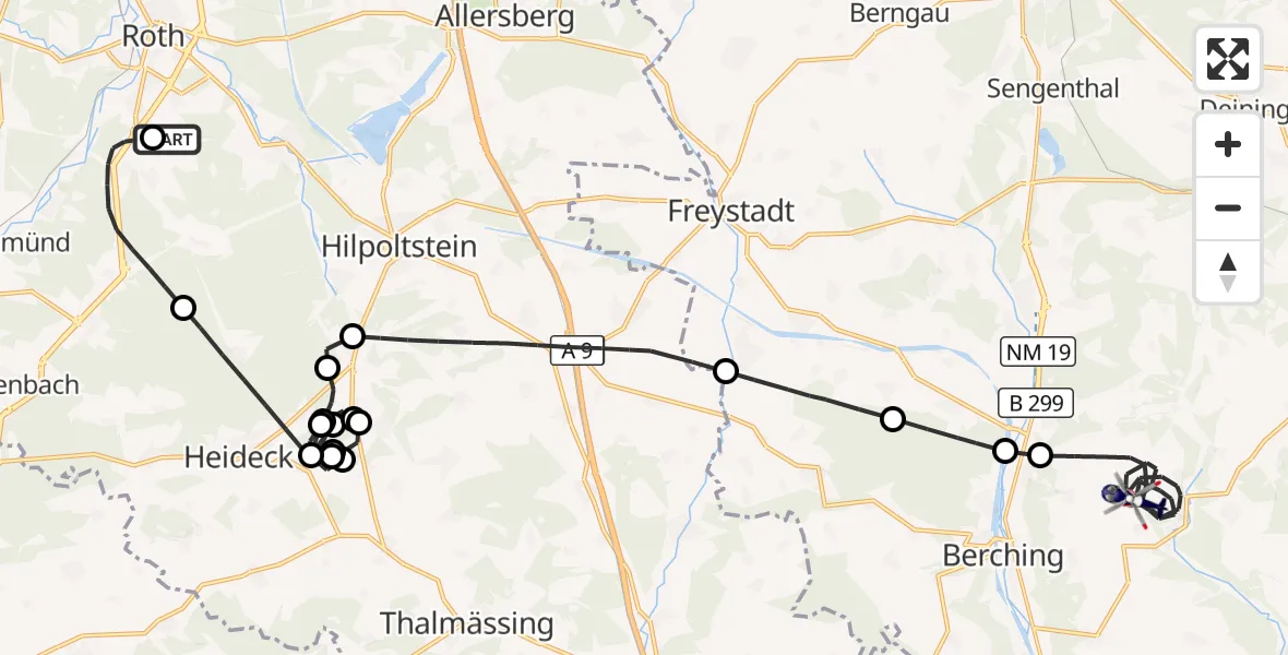 Flugroute Polizeihubschrauber Flugplatz Roth - Berching, 12 Mai 2026, 10:03