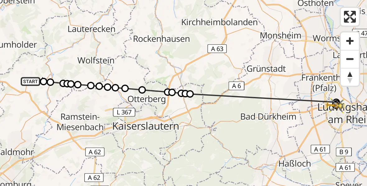 Flugroute Rettungshubschrauber Kusel - Ludwigshafen Accident Hospital, 12 Mai 2026, 10:04